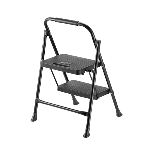 Sanwa Supply STL-1 2-Step Folding Stepladder, 150kg Weight Capacity, Steel Frame, Black