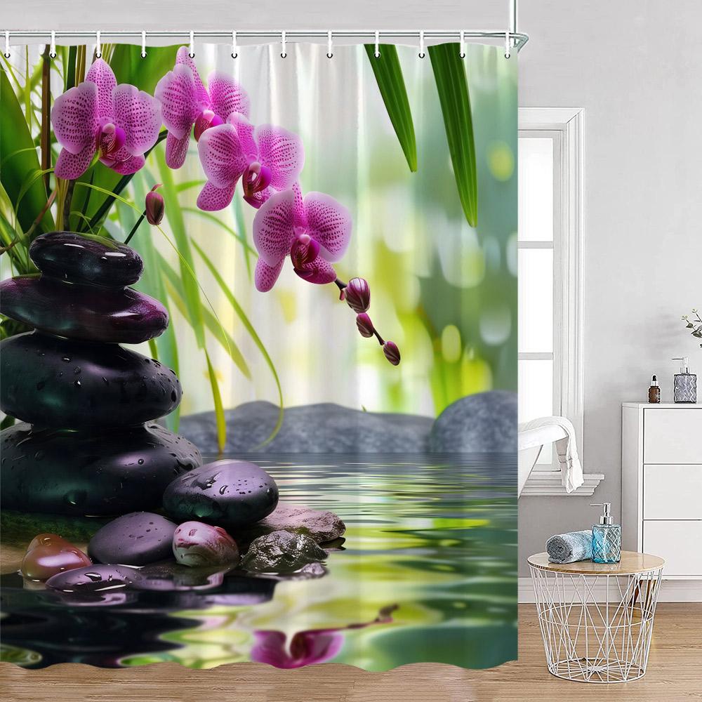 Zen Zasłony Prysznicowe Czarny Kamień Zielony Bambus Lotos Spa Świeca Fioletowa Orchidea Naturalny Liść Zasłona Łazienkowa Medytacja Wystrój Kąpieli