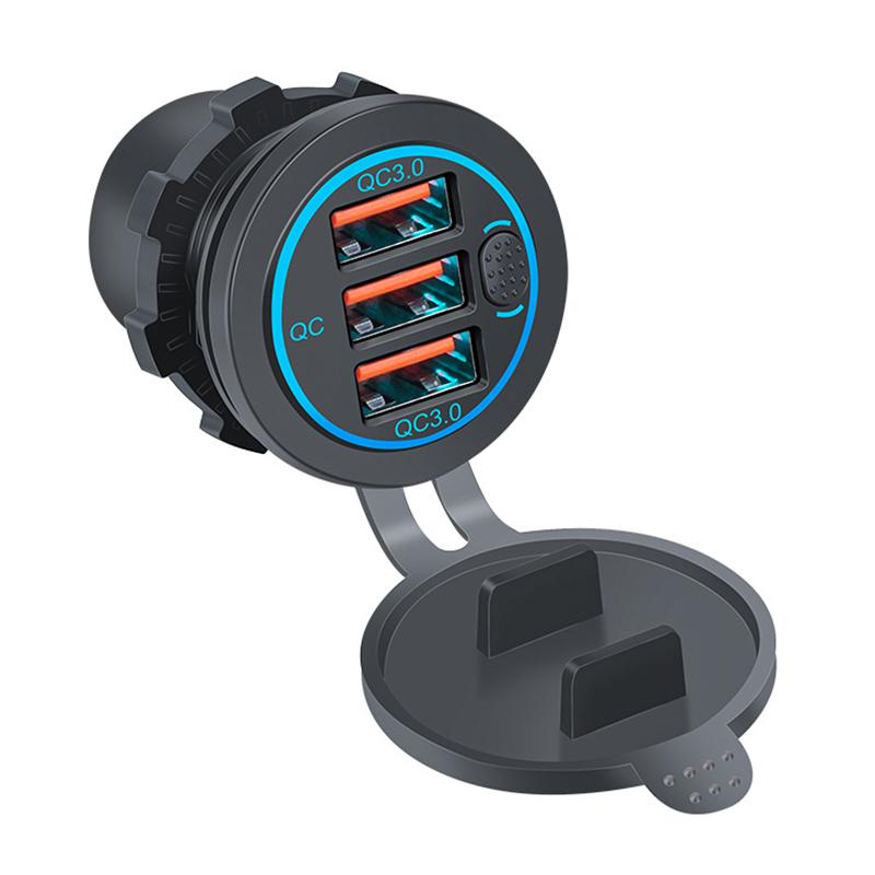 

12 В/24 В тройное быстрое зарядное устройство QC3.0, 3 порта USB, автомобильное зарядное устройство с сенсорным переключателем, адаптер для мотоцикла, грузовика, морского транспорта красный