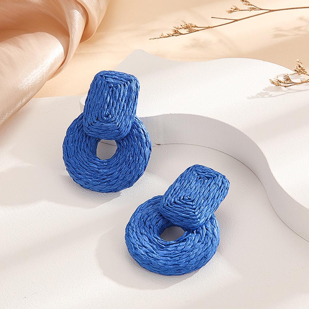 Women Rattan Earrings Boho Straw Wrapped Geometric Round Earrings Summer Tropical Beach Jewelry