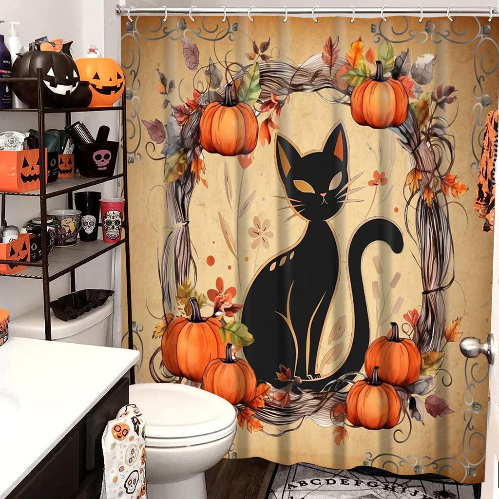 2025 Halloween Thanksgiving Witch Hats Pumpkin  Pattern Bathroom  Shower Curtain  With 12 Hooks Bathroom Decor and Accessories