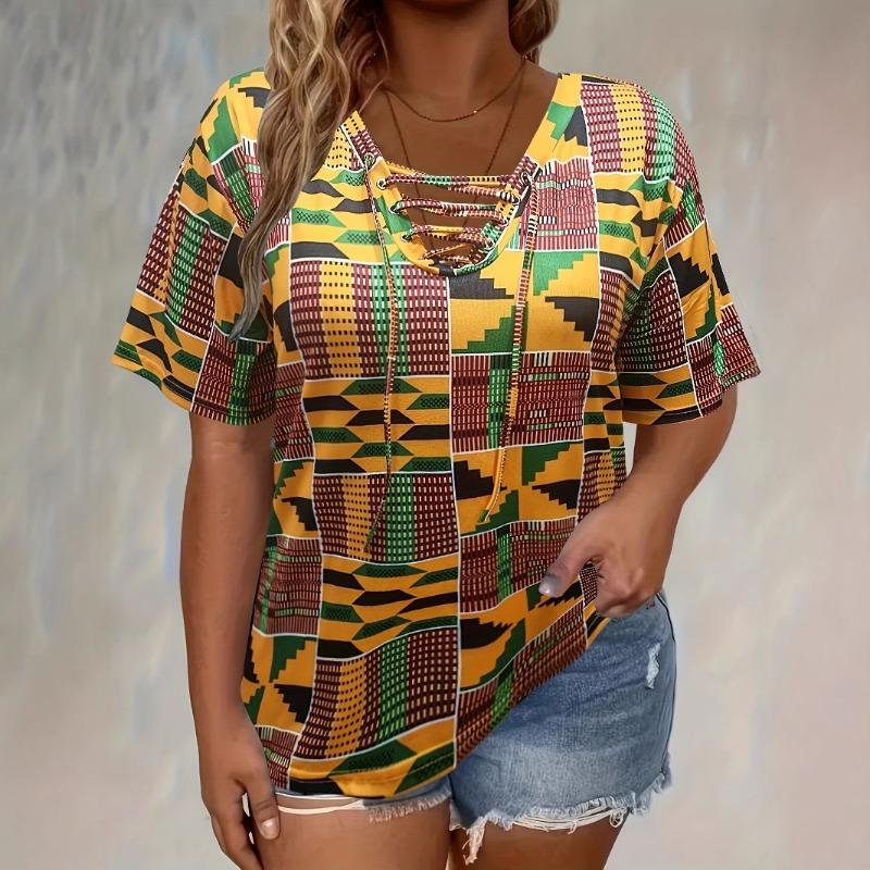 Women's Plus Size 5XL T-Shirt Fashion Tie Dye Print Loose Fit Tee with Lace-Up Short Sleeve T-Shirt Ladies Casual Drape Neck T-shirt