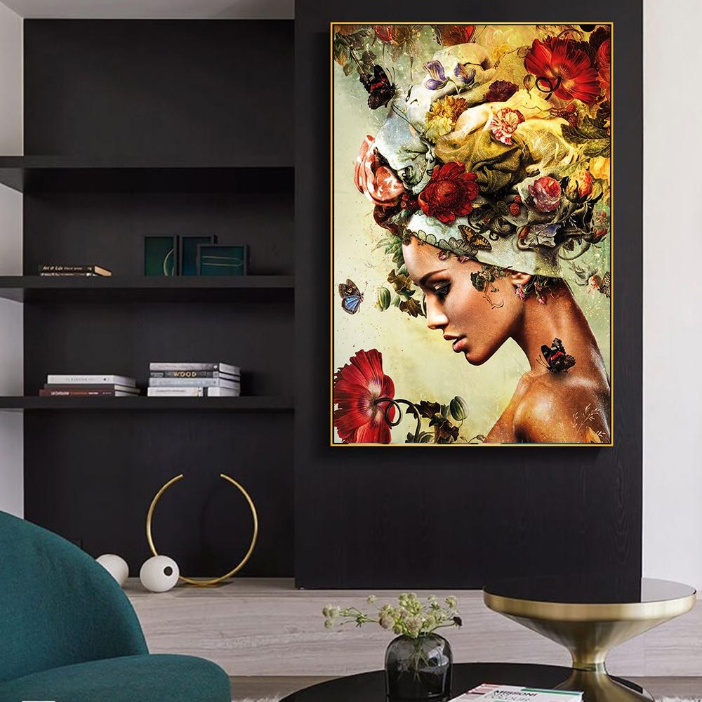 Flowers Woman Wall Art Posters and Prints African Woman Canvas Paintings Modern Abstract Portrait Pictures Home Decor