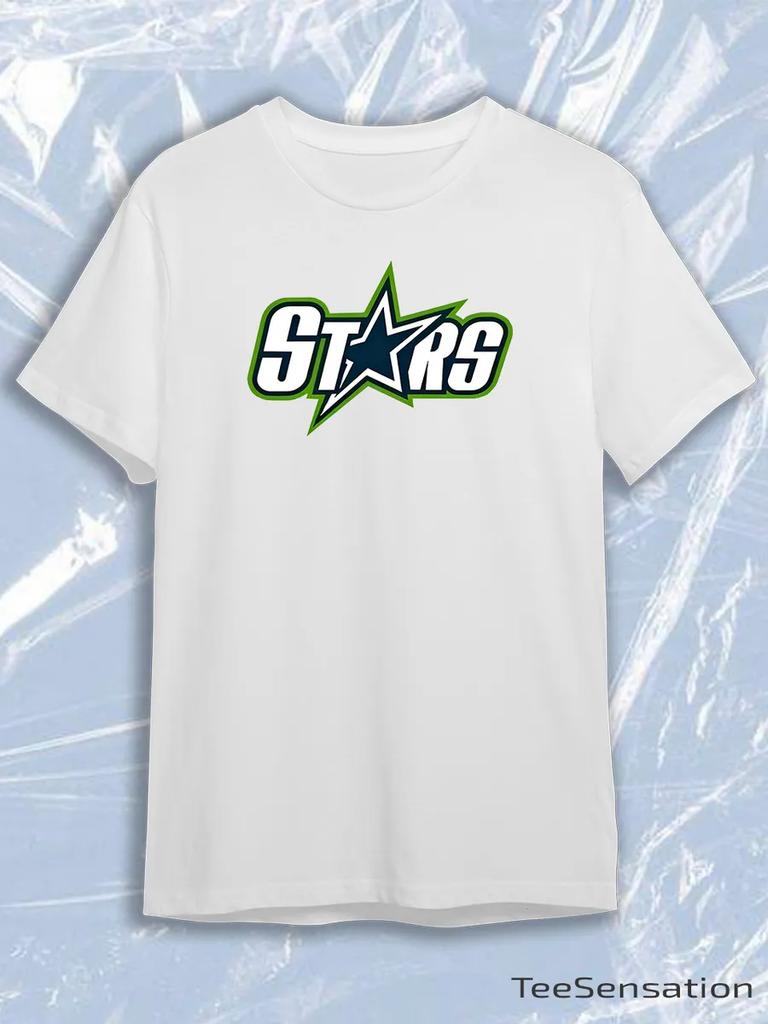TeeSensation White Crew Neck Short Sleeve T-Shirt with Dallas Stars Modern White Green Navy STARS Text Logo Print