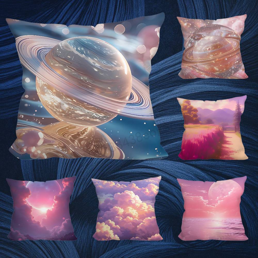 Pink Dreamy Landscape Pillow Case Living Room Sofa Cushion Cover Suitable For Home Bedroom Decoration And Protector