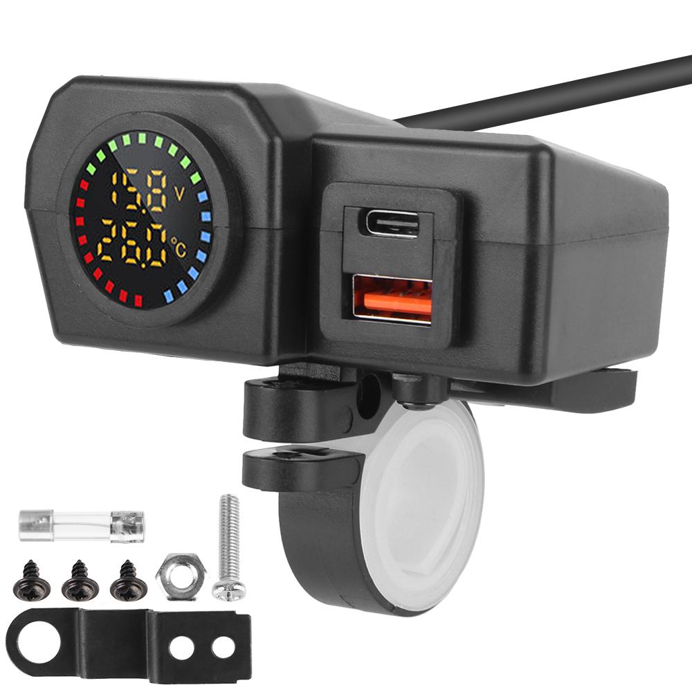 Motorcycle QC3.0 PD Charger Socket 36W USB Type-C Fast Charging Digital Display Voltmeter Thermometer Motorcycle Charger Plug