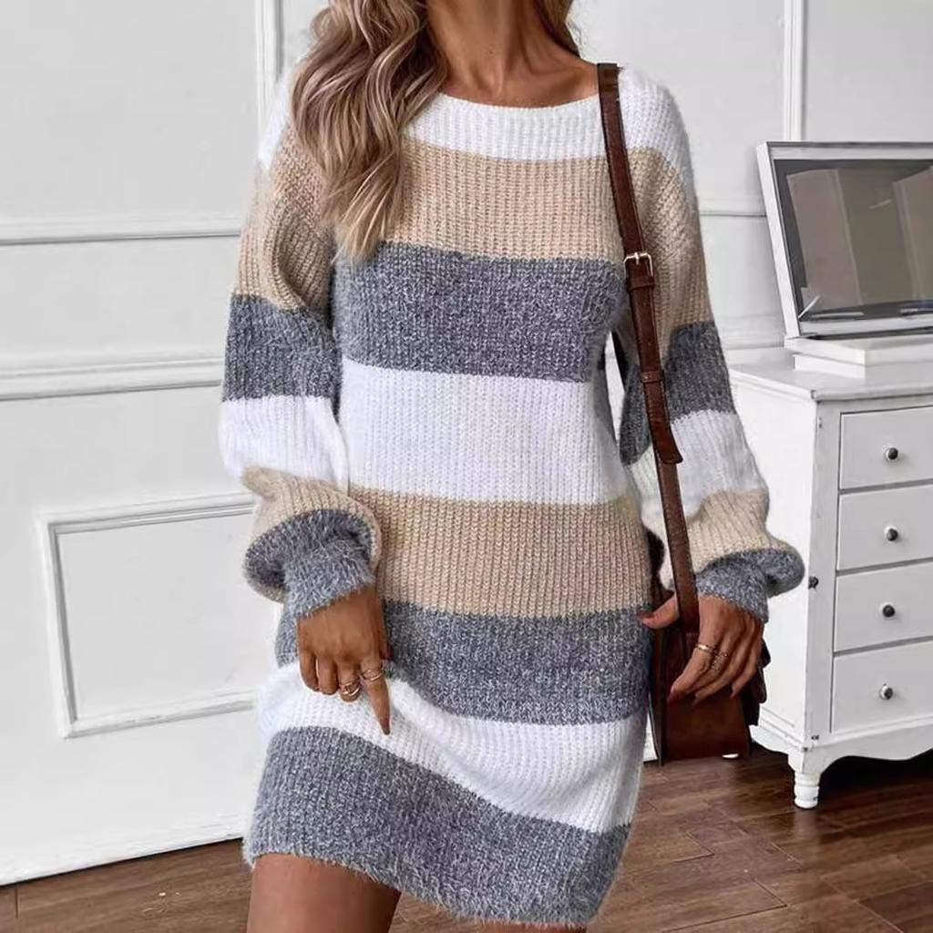 Autumn and winter new trendy versatile contrasting color striped medium and long dress casual loose round neck long sleeve knitted dress
