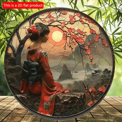 2d Flat 20*20cm, Round Wooden Art Sign, Japanese Kimono Decorative, Entrance Decor Gife, for Home, Kitchen, Garden, Bedroom, Bar Decor.