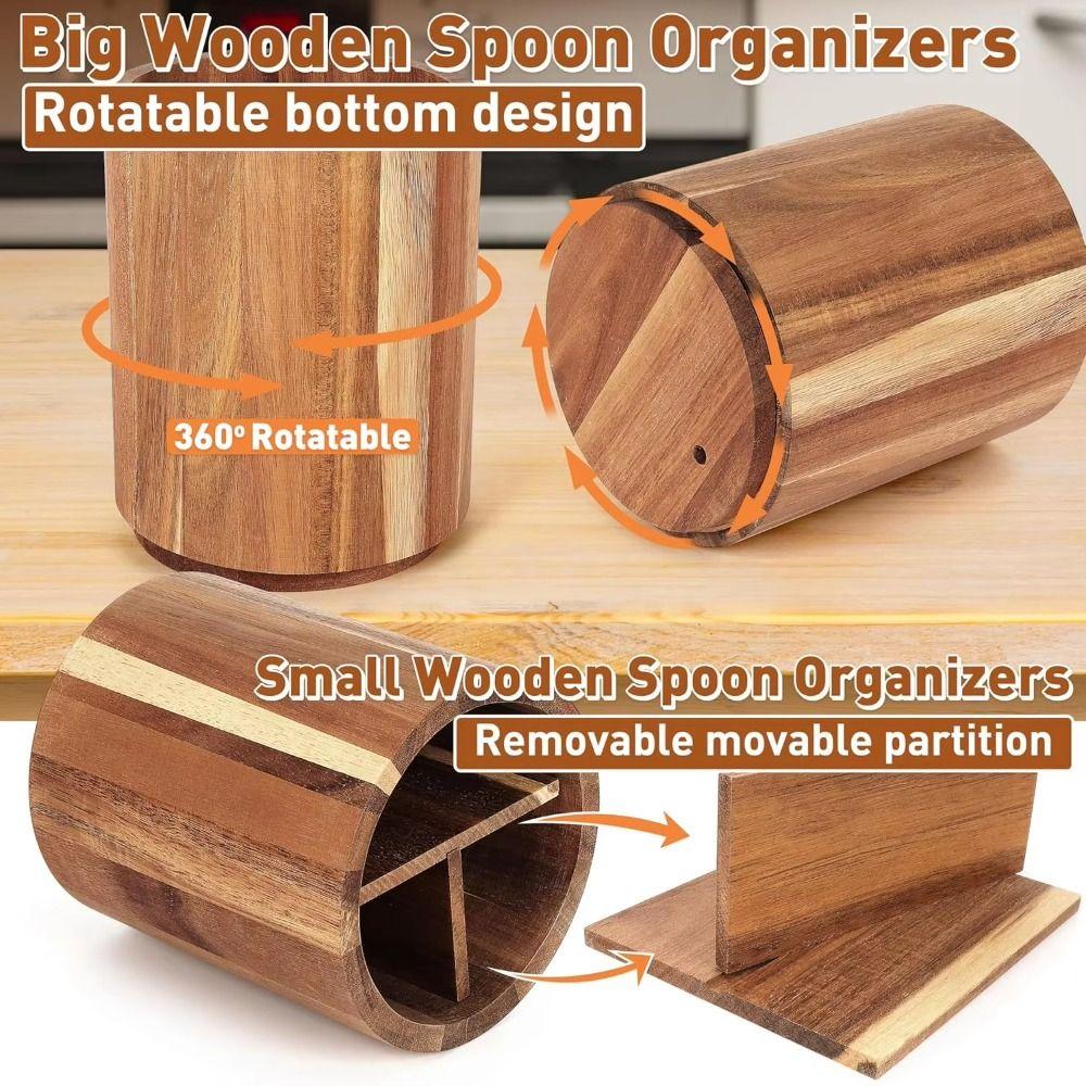 360° Rotatable Cutlery Rack Wooden Large Fork Organizer  for Dining Container