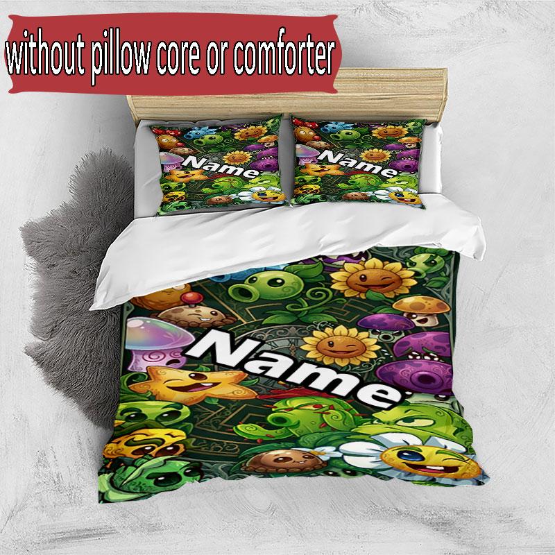 3pcs Duvet Cover Set (1*Duvet Cover + 2*Pillowcase, Without Core), Custom Name Plants Vs. Zombies Pattern Bedding Set, Home Bedroom Decor Gift