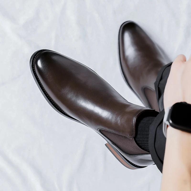 Fashion Mens British Style Autumn Casual Leather Chelsea Business Boot Brown Men Designer Antiskid Dress Ankle Boot Outdoor Oxford Shoes
