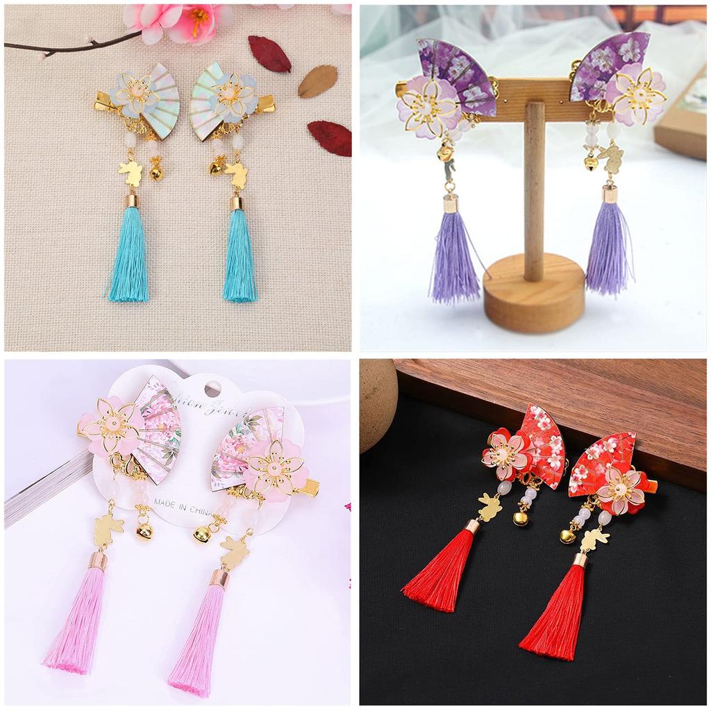 Fan Hair Ornament with Tassel and Flower Design, Hair Clip, Chinese Style, Hanfu, Yukata, Kimono, Hair Accessory, Headpiece, Children's Hair