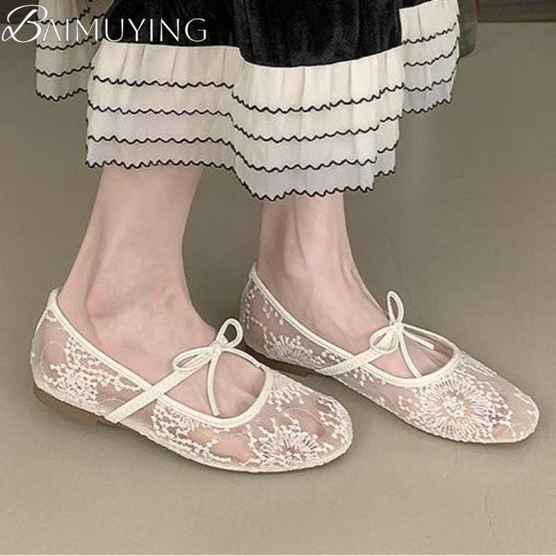 Bow Mesh Lace Flats Ballet Shoes Women Sandals Marie Janes Shoes Square Toe Summer 2025 New Trend Dress Designer Sandalias Mujer