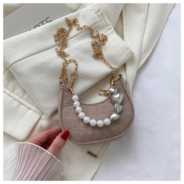 Trendy Solid Color Women's Mini Bags  Summer Temperament Fashion Chains Crossbody Pack Chic Pearl Handbag