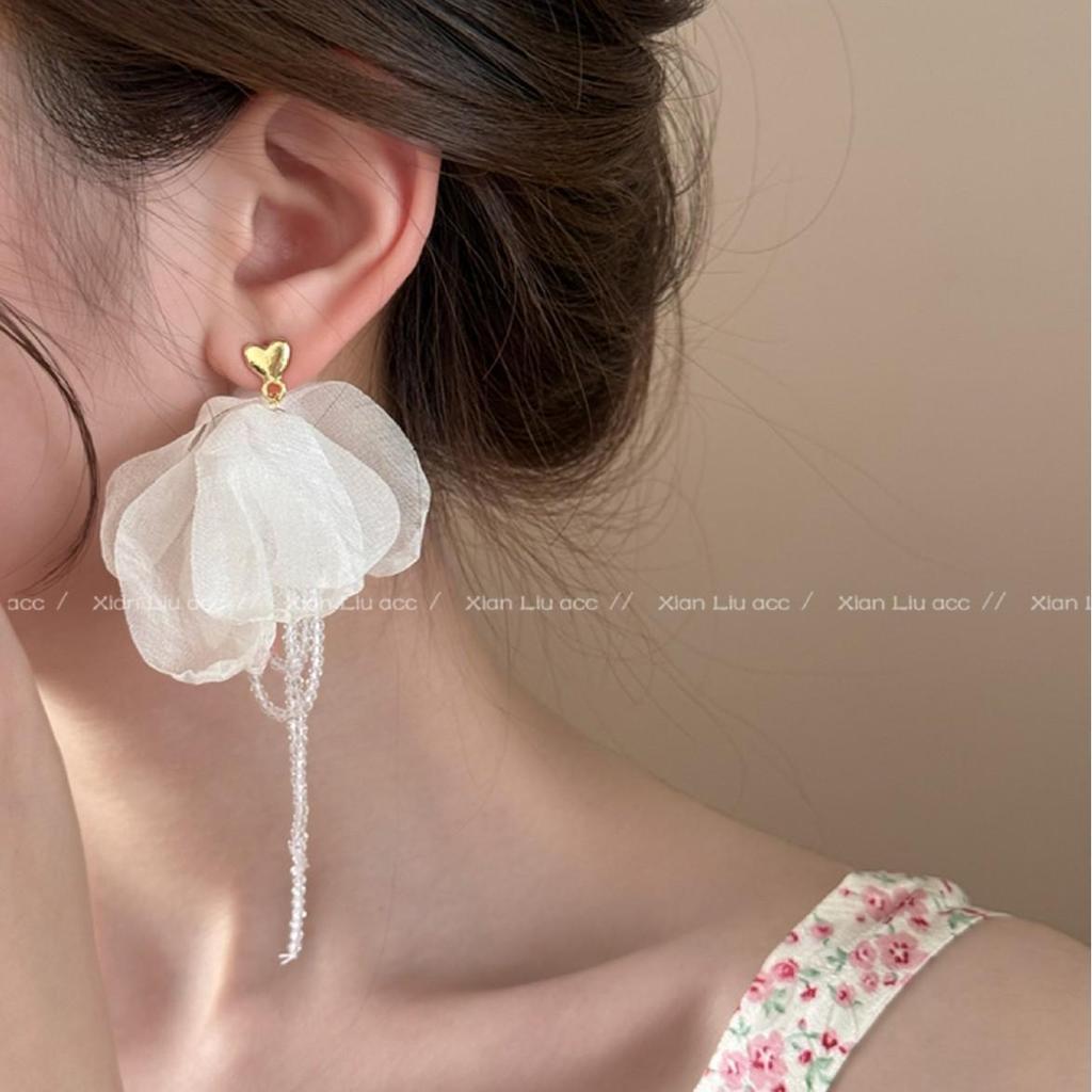Mori Style Silver Needle Floral Glass Grape Tassel Earrings – Elegant High-End Design