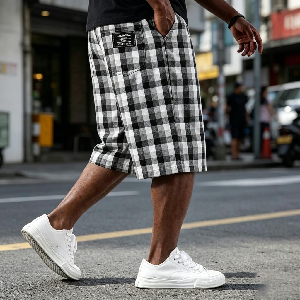 Men's Casual Loose Fit Plaid Shorts Lightweight Breathable Cotton Blend Fabric with Elastic Waistband and Side Pockets for Everyday Wear