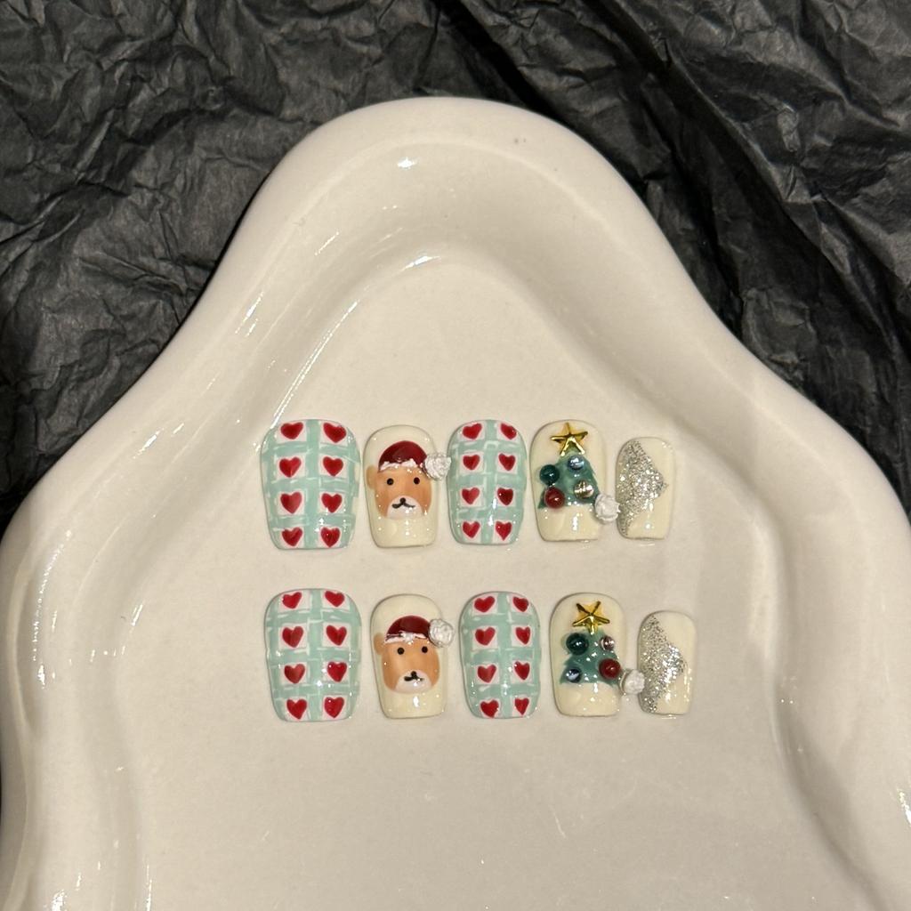 10Pcs Short Square Nails Artificial Gentle Apricot Color Ballet Golden Hand-drawn Christmas Tree False Nails for Christmas Party