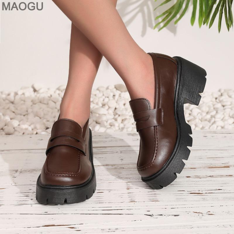 Plus Size British Style Loafers Women's Autumn Chunky Heel Slip on Low Top Shoes Office Casual Shoes Comfortable Walking Pumps