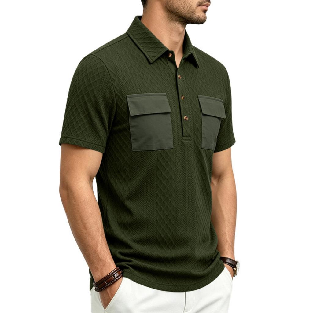 Men Heavyweight Loose Fit Jacquard Polo Shirt Workwear Multi Pocket Casual Short Sleeve Outdoor Shirt with Contrast Details