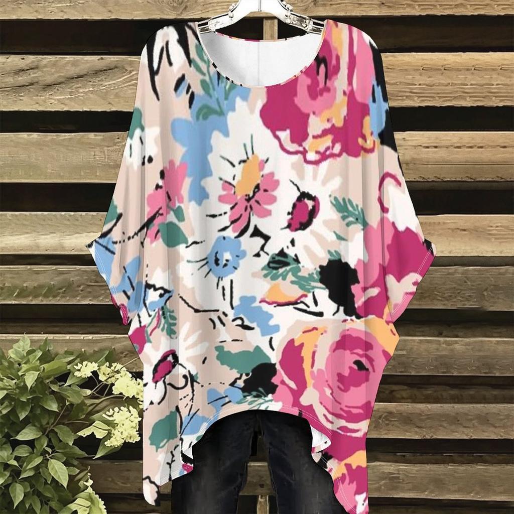 Women's large-size short-sleeved T-shirt, irregular hem design, digital printing