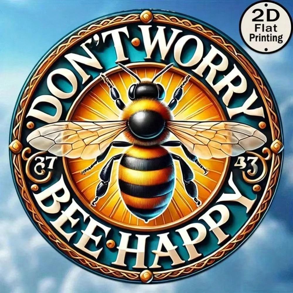 Don't Worry Bee Happy Rustic Round Metal Tin Sign Vintage Wall Art Home Decor