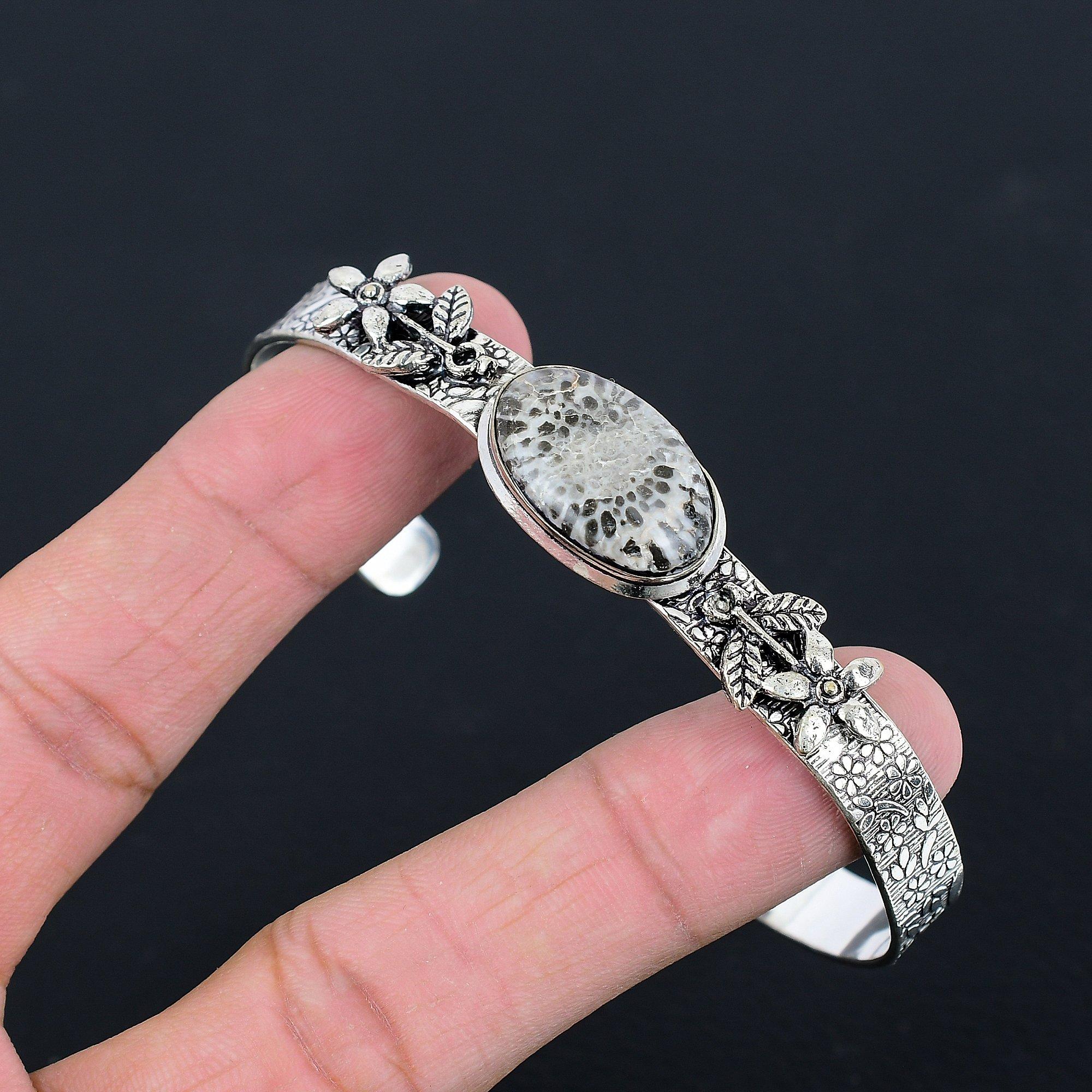 Распродажа ко Дню сестер Серебро 925 пробы Овальный Натуральный Коралл из кожи ската Цветок Элегантный Браслет Adjustable