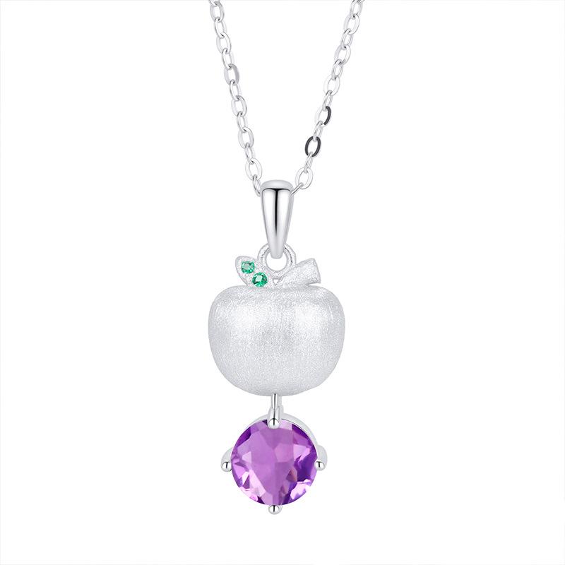 

S925 Sterling Silver Apple Pendant Necklace Brushed Craft Inlaid Garnet Topaz Crystal Minimalist High Grade Clavicle Chain For Women 925 silver