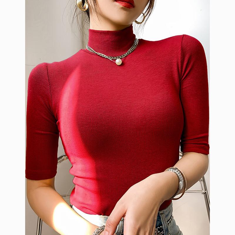 Fashion Short Sleeve Casual White T-shirt for Women Summer Half High Neck Slim Base T Shirt Female Casual Elegant Office Lady Tee Tops 24081