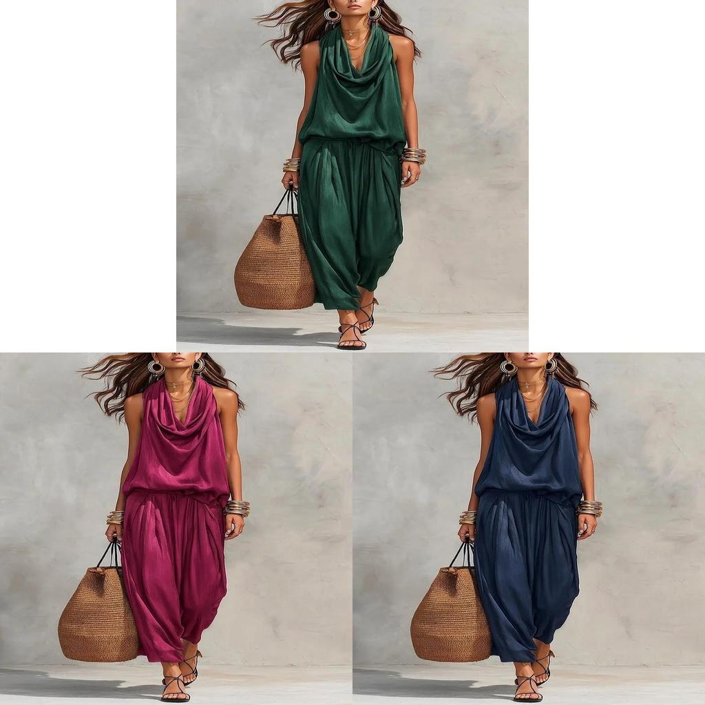 Elegante Set di Camicia Senza Maniche e Pantaloni Lunghi in Poliestere per Donna, Abbigliamento Casual Primaverile
