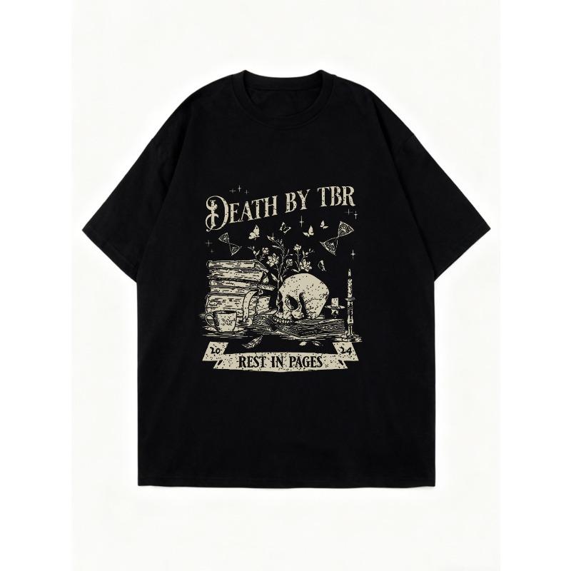 Black Death By TBR Book Stack Skull And Tree Graphic Print Rest In Pages Text Design For Casual Wear Reading Lovers Fashion Statement Piece