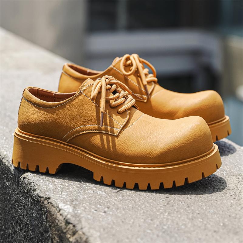 Spring Autumn Men Handsome Derby Shoes Commuting Thick Sole Height Increasing Anti Slip Retro Breathable Motorcycle Shoes