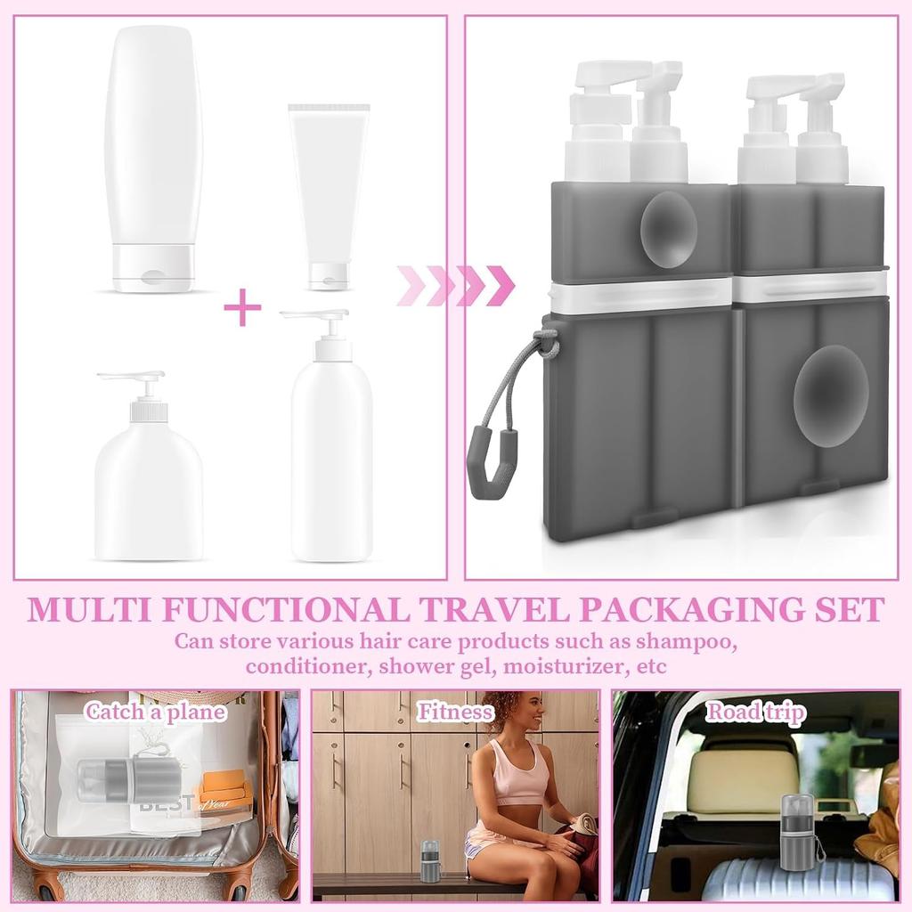 4 In 1 Travel Toiletry Container Refillable Travel Size Toiletries Bottle Set with Suction Cup for Smooth Wall for Shampoo Conditioner Body