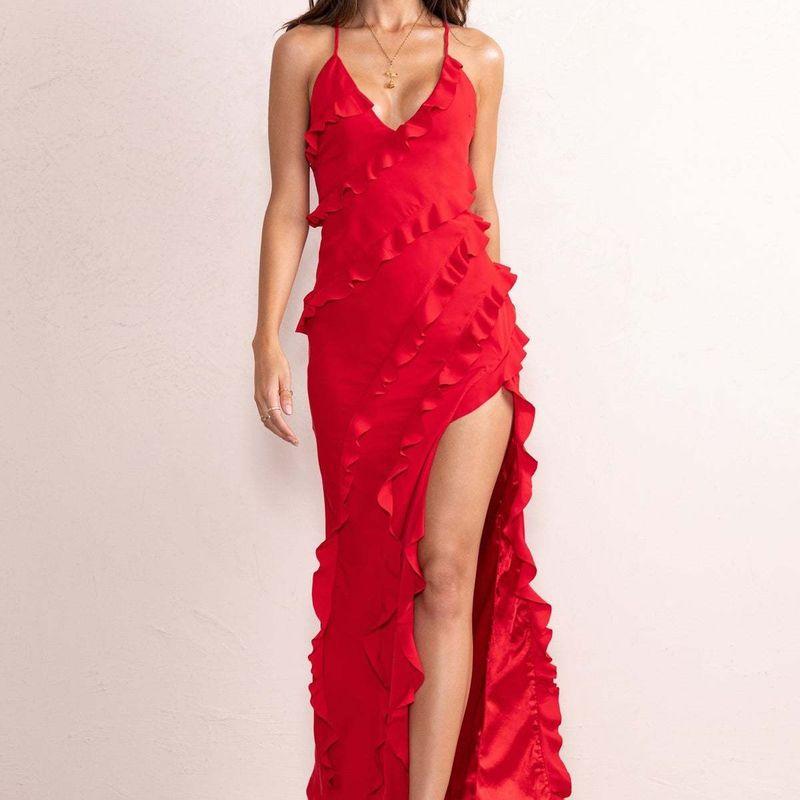 

и Американская женская одежда Весна/Лето Стильное Новое поступление Платье с оборками на бретелях-спагетти Платье длинное с V-образным вырезом Сексуальное с открытой спиной Высокая талия Разрез Red L