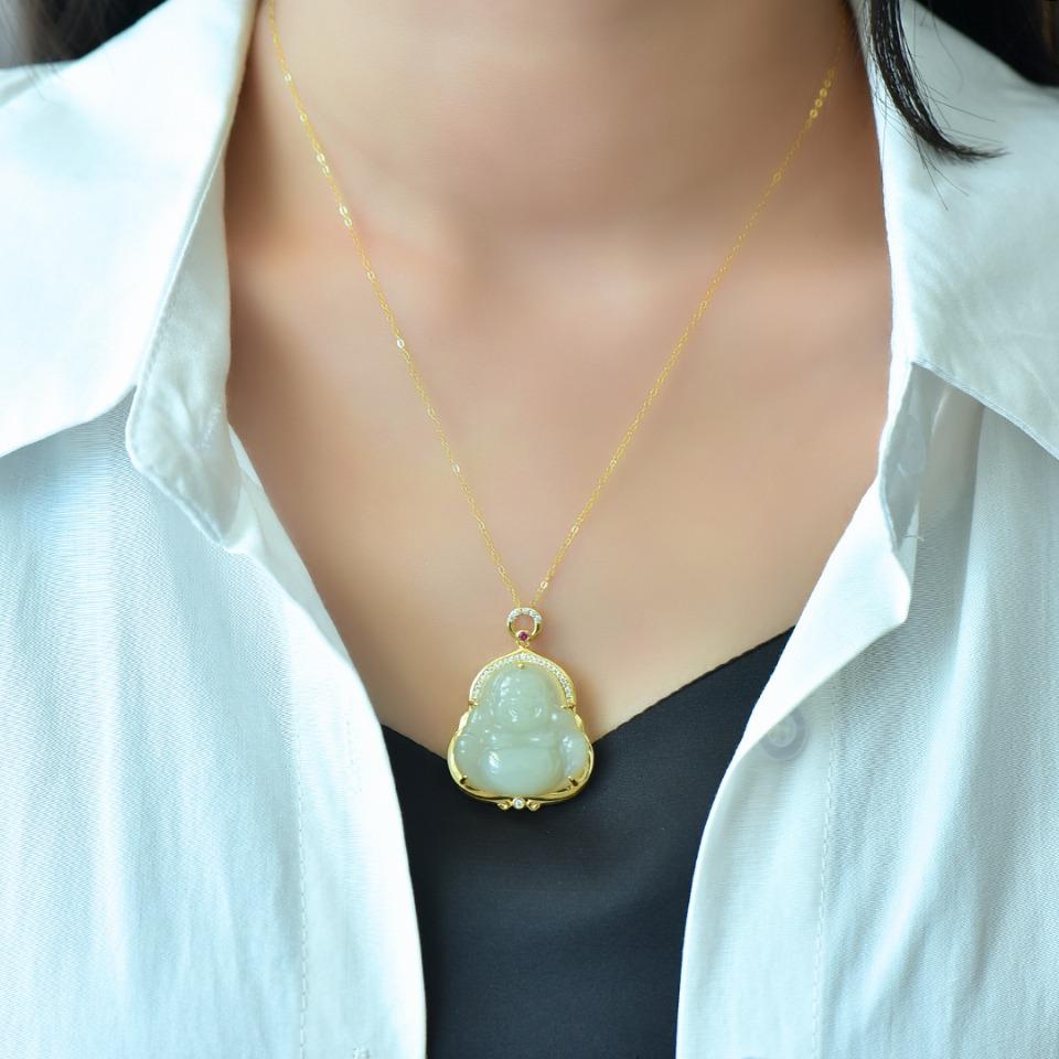 Natural Hotan Jade S925 Silver Inlaid Blue White Jade Big Belly Maitreya Buddha Pendant Necklace for Women with Certificate