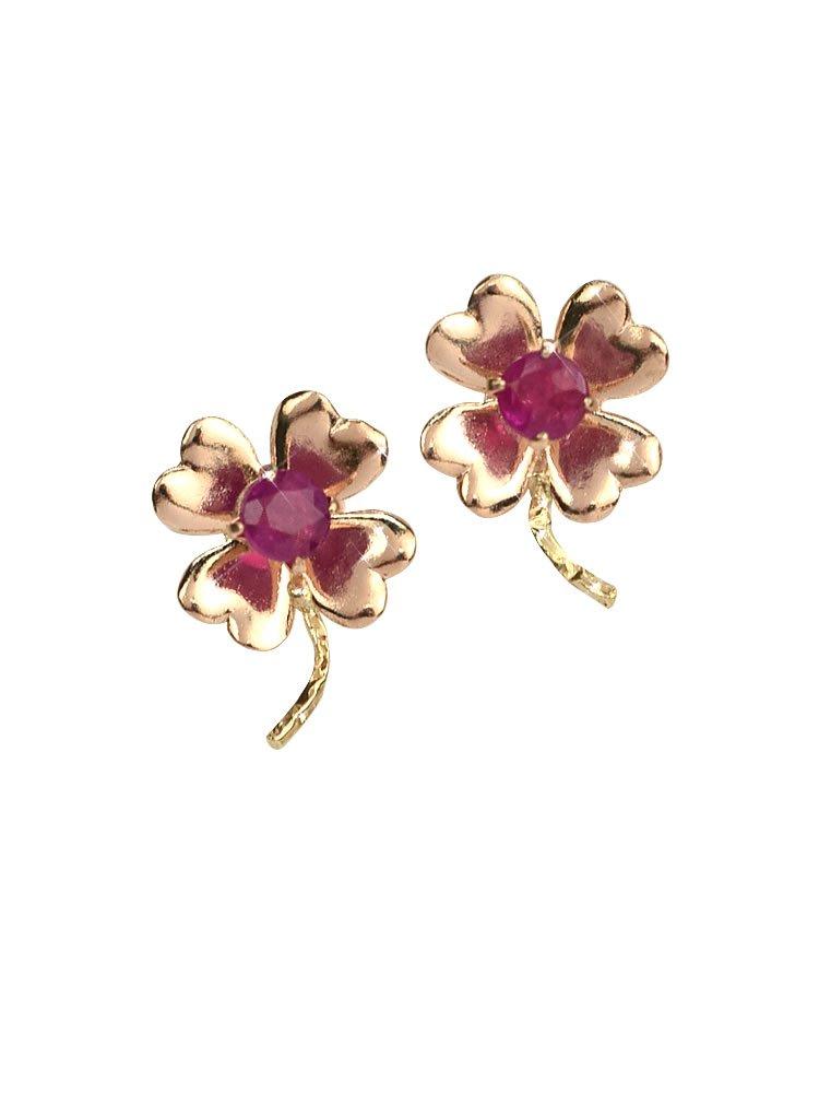 Ruby and 10k Pink Gold Stud July Sa313 [Four-Leaf Clover] Earrings, Birthstone, Women's