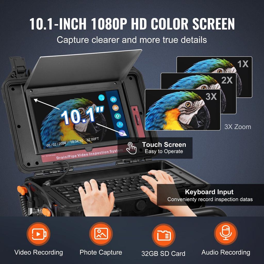 Sewer Camera 165 ft/50m Self-Leveling Drain Camera with 10.1" Touchscreen