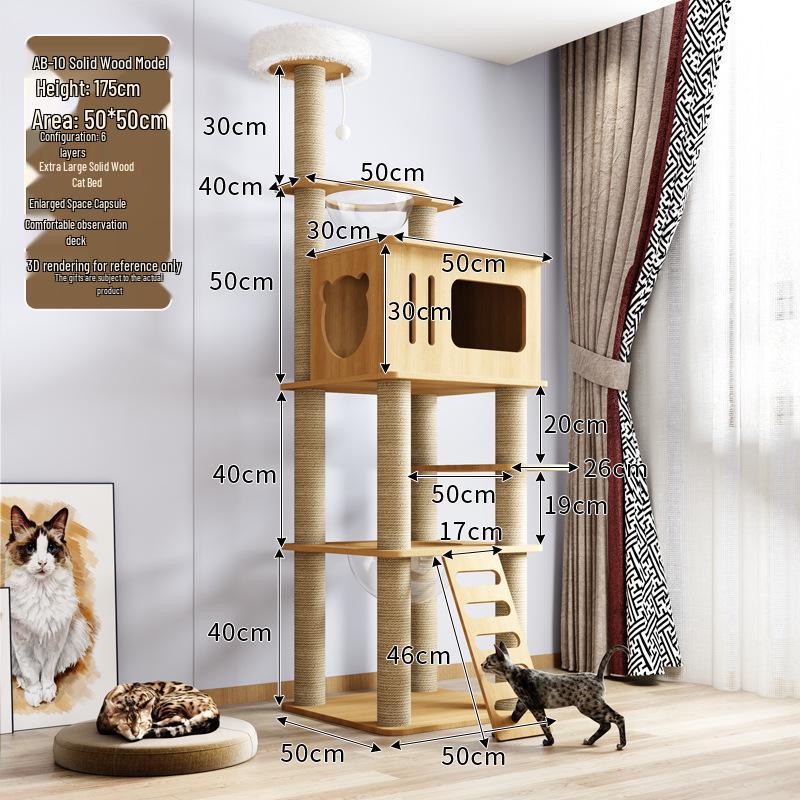 Solid Wood Large Cat Tree with Space Capsule and Jumping Platform