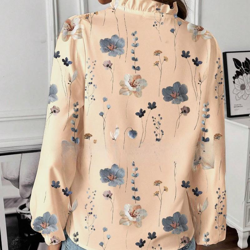 Móda Vintage Květinová Volná Košile s Dlouhým Rukávem Dámská Volánkový V-výstřih Potisk Ležérní Halenky pro Ženy Elegantní Slim Fit Jednoduché Košile pro Kancelářské Dámy 26502