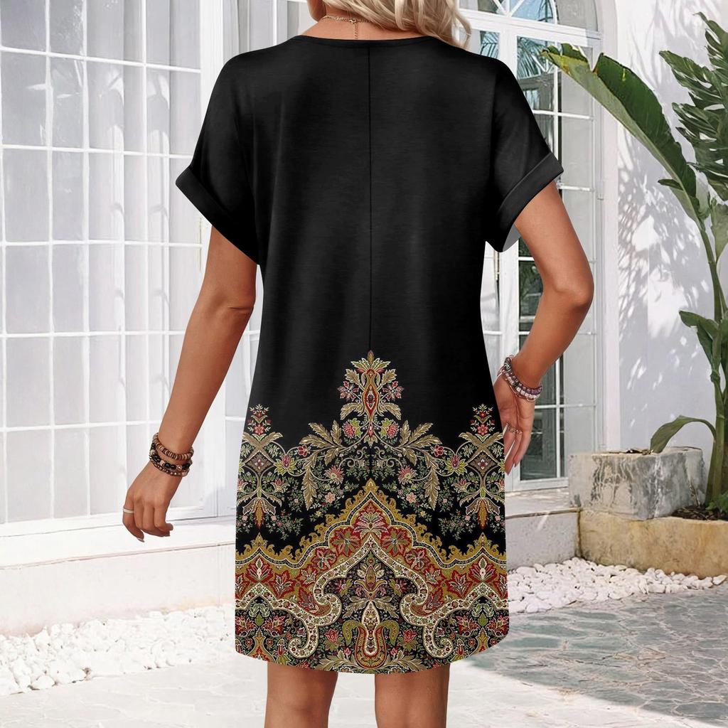 Women's Fashionable Floral Print V-neck Short Sleeved Pocket Casual Pullover Dress