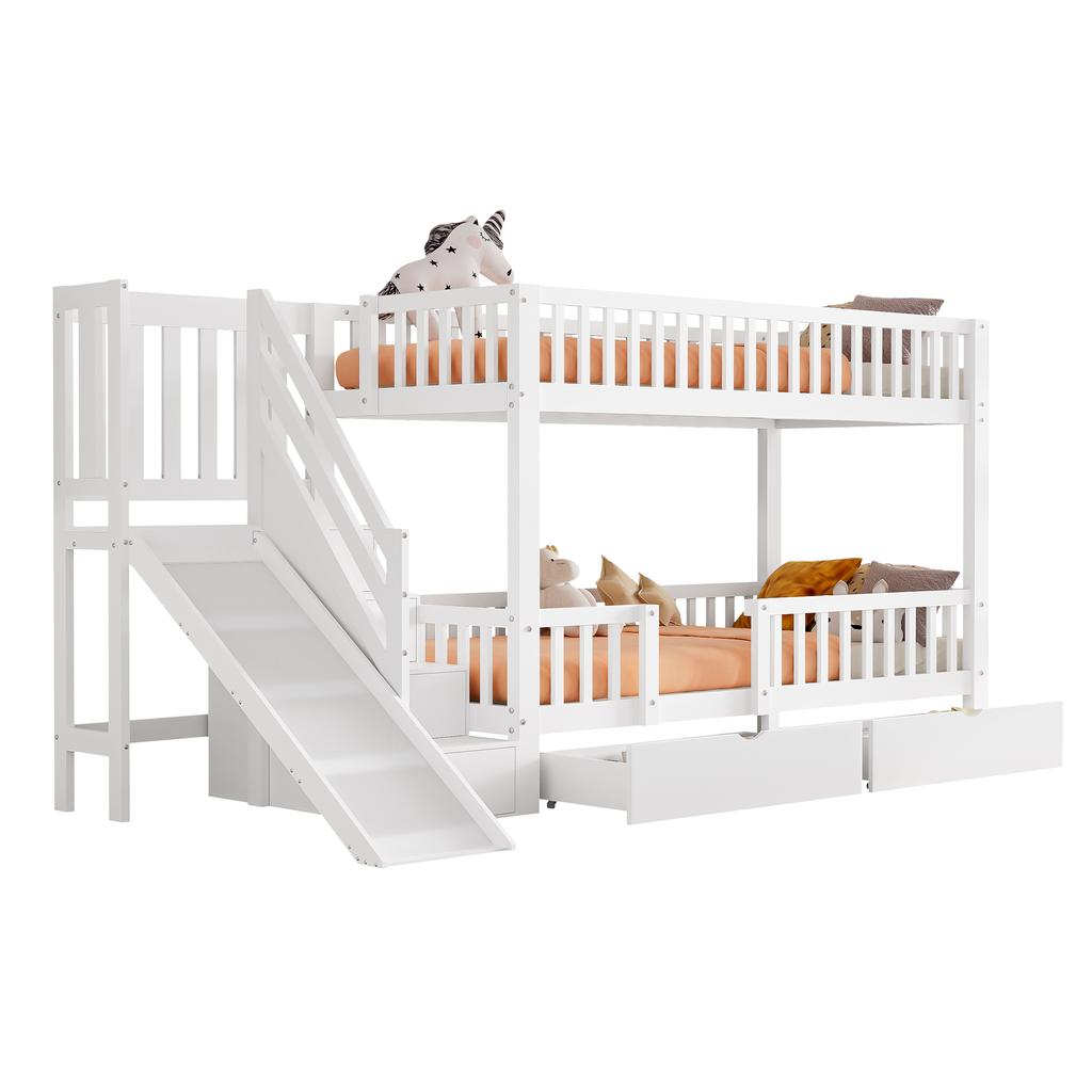 Children's bunk bed, with slide and stairs, with 2 drawers, with magnetic door, without mattress, solid wood, white, 90*200(OLD SKU:322135678AAW-1)