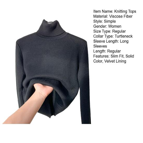 Knitting Tops Women Long Sleeve Turtleneck Sweater Solid Color Thickened Fleece Lined Autumn Winter Knitwear