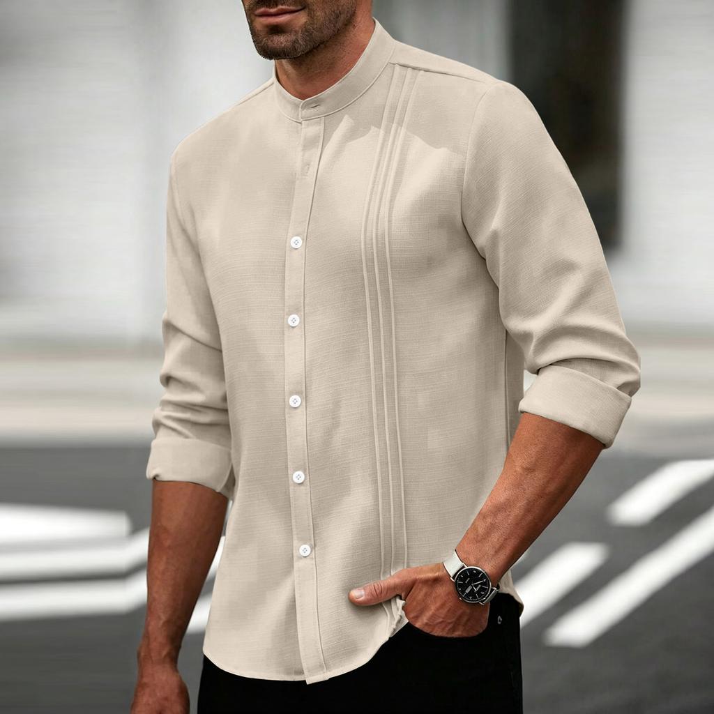 Men's Stand Collar Shirt Cardigan with Trim, Color Long Sleeve Top for Spring and Fall