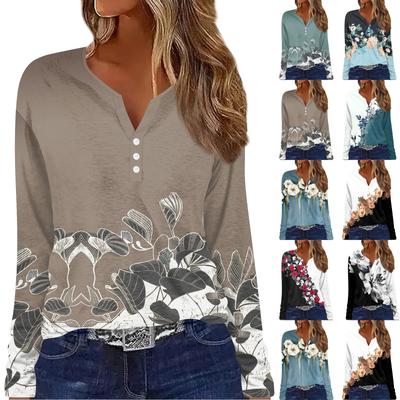 Women's T Shirt Tee Button Floral Print Long Sleeve Daily Weekend Fashion Basic V-Neck Regular Top