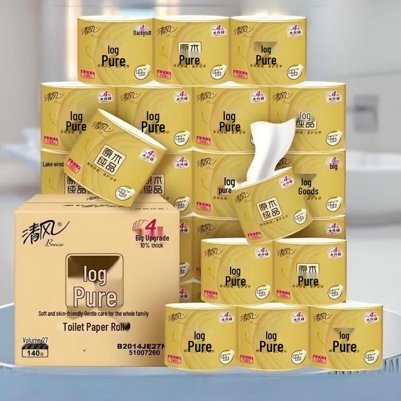 Qingfeng Original Wood Gold 4-Ply Toilet Paper, 27 Rolls