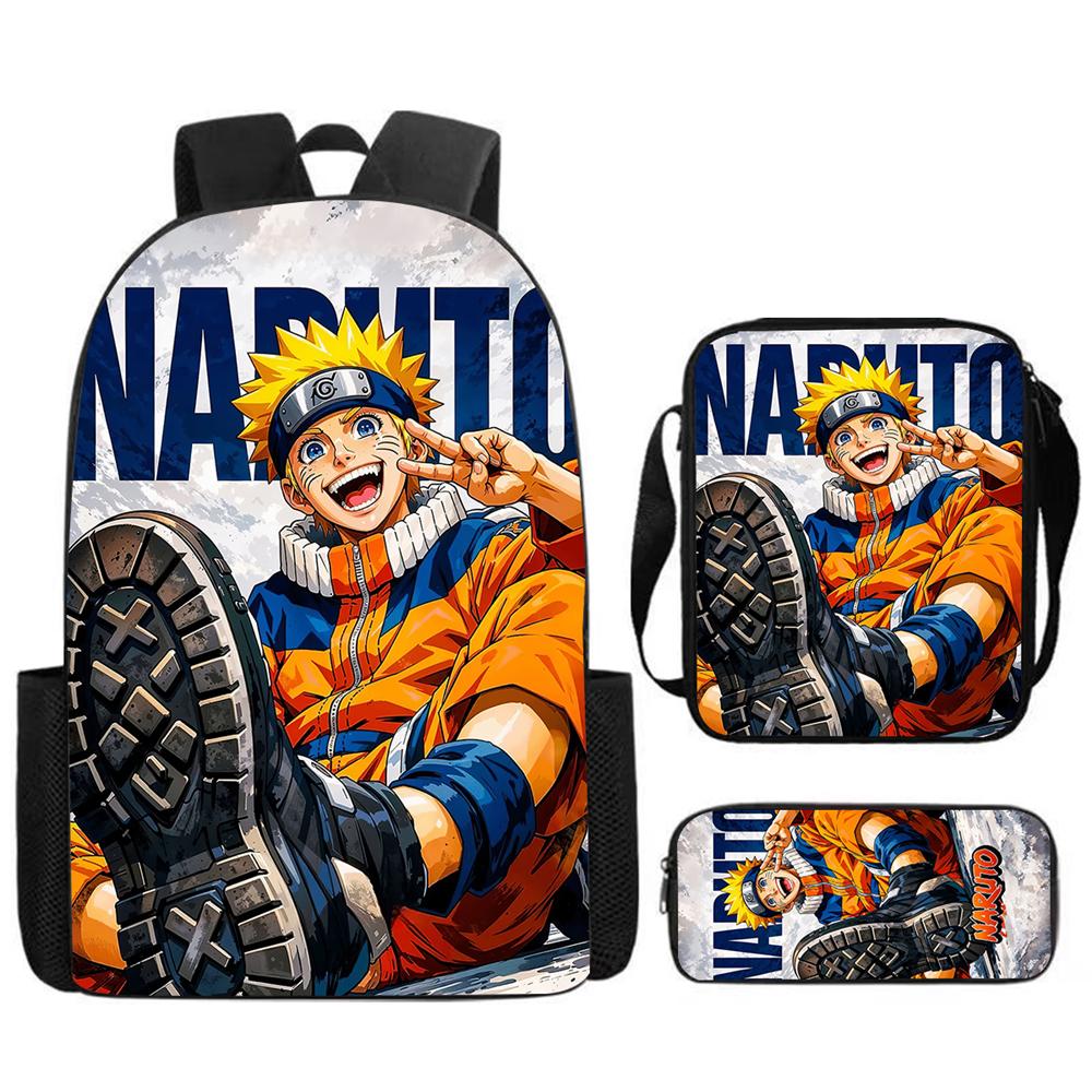 3Pcs Set NARUTO Anime Kids Backpack Mochila with Crossbody Bag & Pencil Case, Lightweight & Durable, for Ages 6-10 Boys & Girls