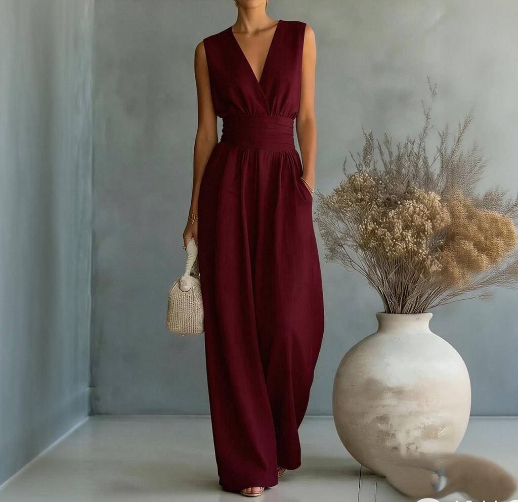 Women's Wide-leg Elegant Waist-cinching V-neck Jumpsuit