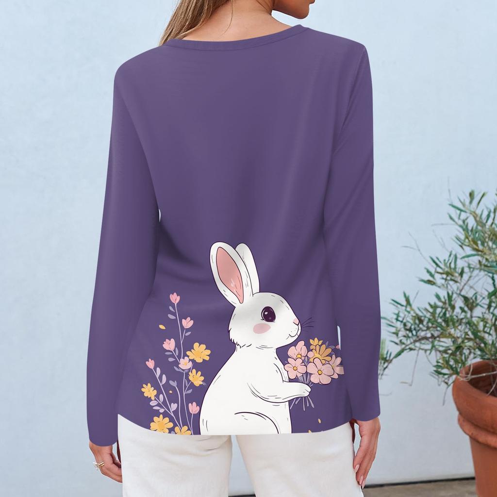 Women's Fashion Casual Printed V-neck Long Sleeve Button Up T-shirt Top