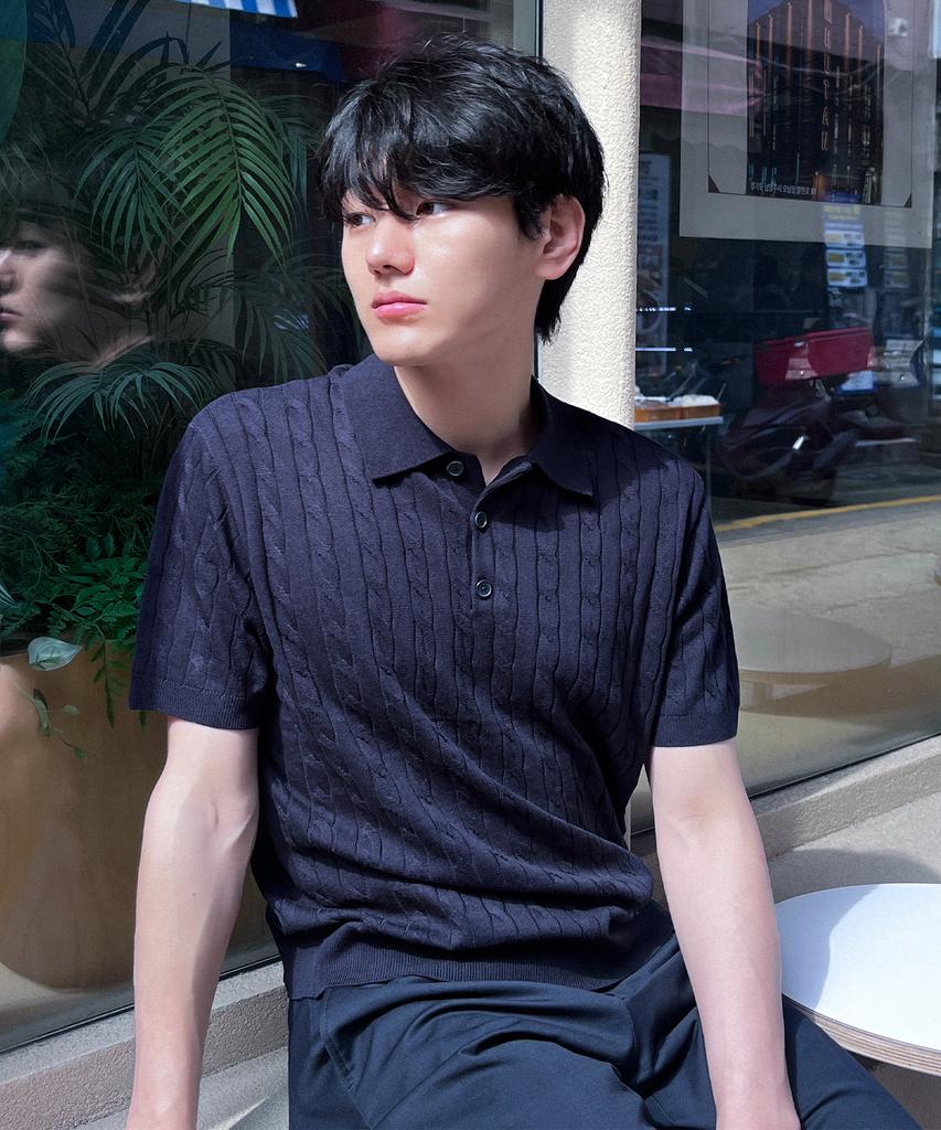 MINDBRIDGE [Set][On][Select Collar Or Round Neck] Linen-Like Cable Oversized Short Sleeve Knit - 6 Colors (Type A)