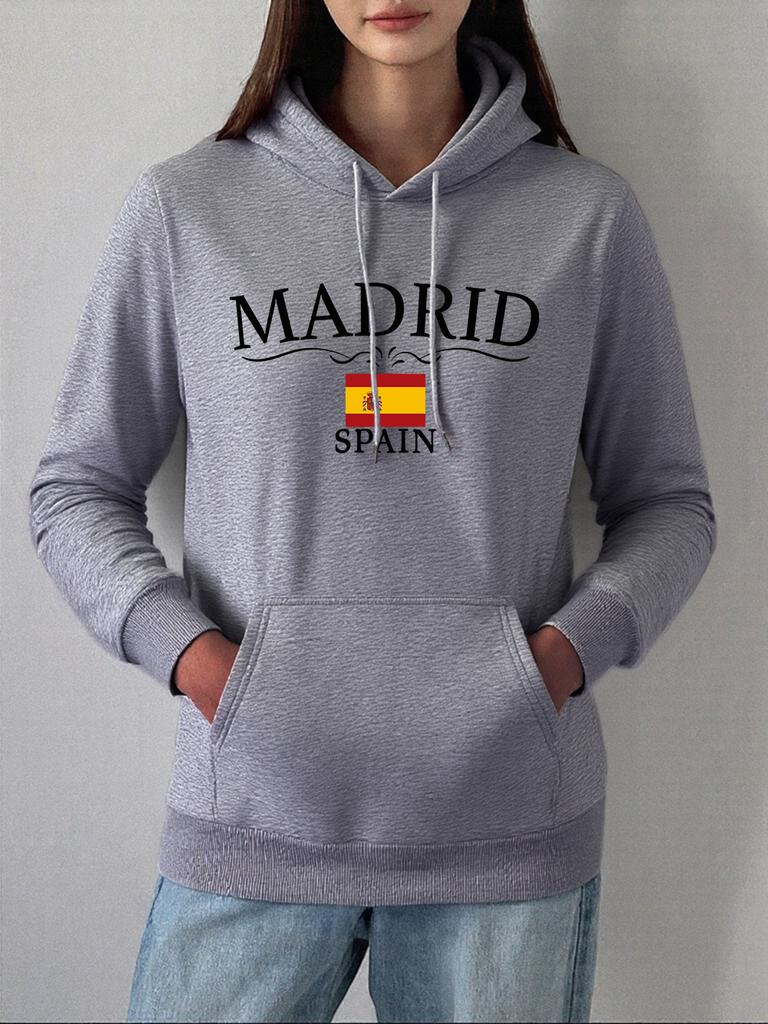 Madrid Spain Flag Printed Hoodies Women Autumn Winter Fleece Warm Sweatshirts Basics Pocket Pullover Casual Loose Womans Clothes