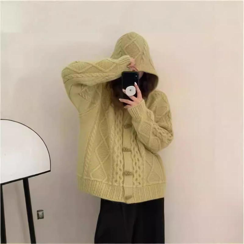 Vintage horn buckle hooded sweater jacket cardigan women's thickened autumn and winter loose lazy wind knitted sweater top